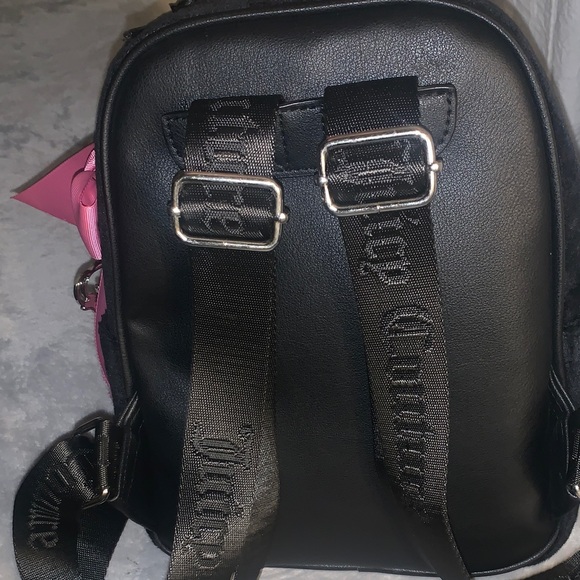 NEW- Juicy Couture Black Velvet Backpack with Pink Bow & Crown Charm - Picture 11 of 12